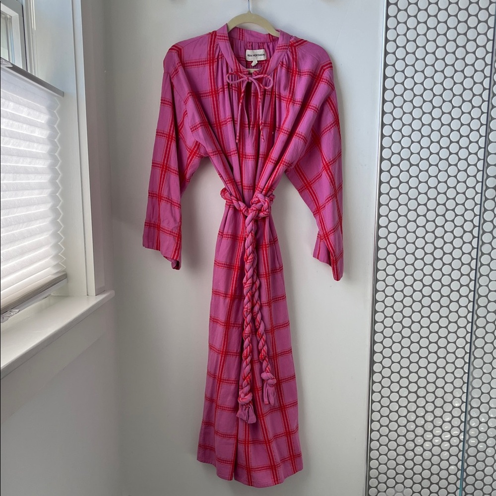 Mara Hoffman Pink & Red Plaid caftan with rope tie for waist